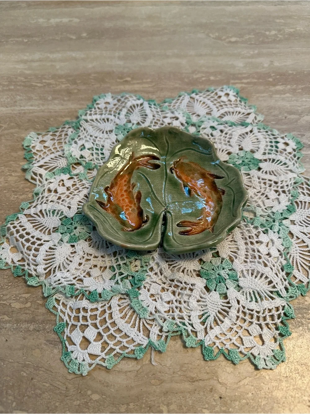 Handcrafted Green Ceramic Koi Dish Trinket with Orange Fish Design